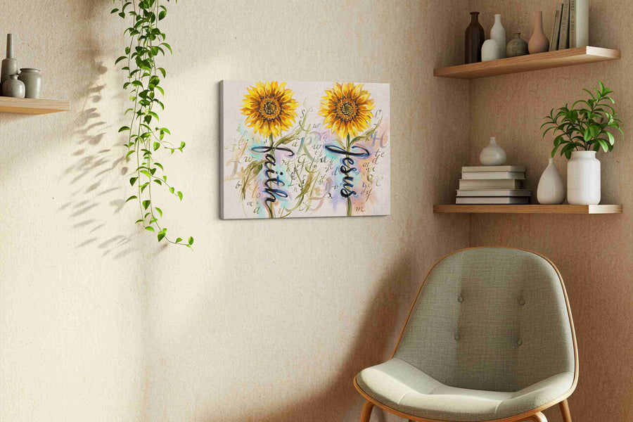 Sunlit Serenity Script floral canvas print styled in a living room