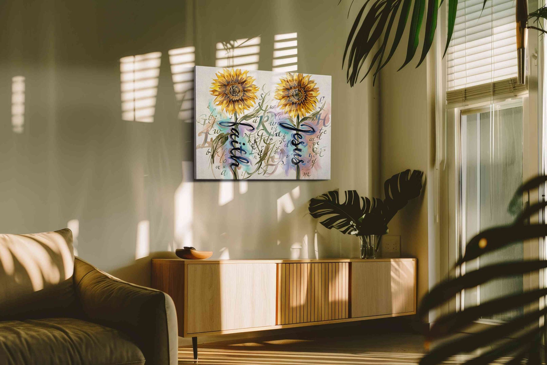 Sunlit Serenity Script floral canvas print, on wall, lifestyle preview