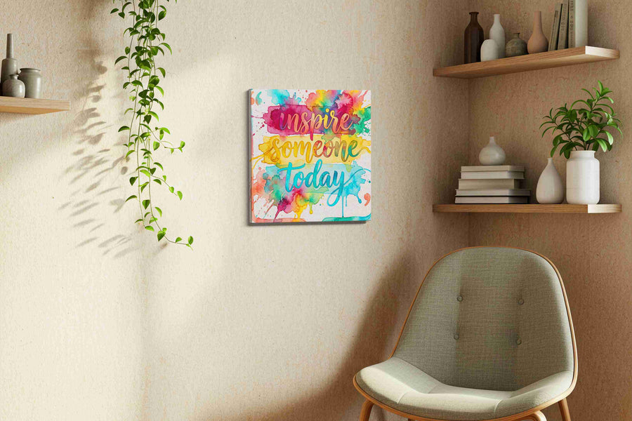 Vibrant Inspiration Splash motivational canvas print styled in a living room