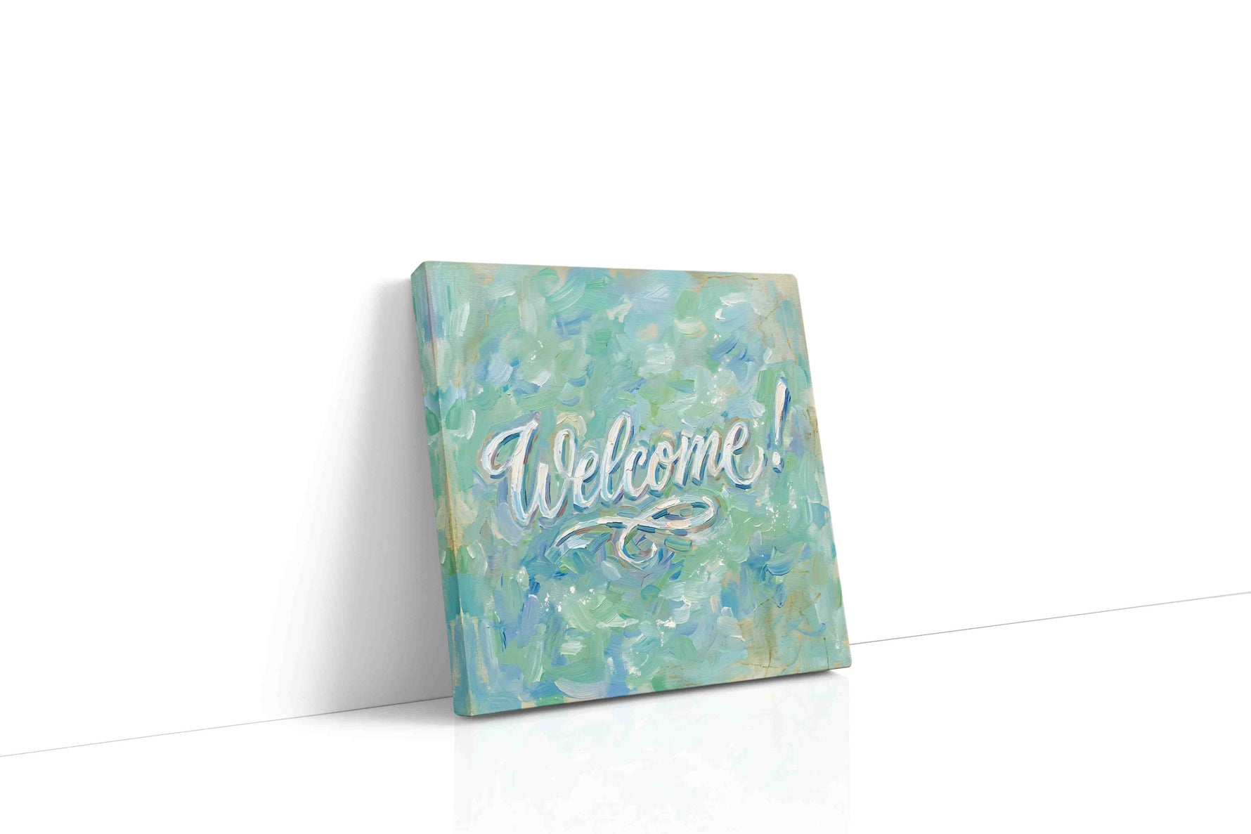 Whimsical Welcome Whirl typography canvas print gallery-wrapped square canvas studio shot
