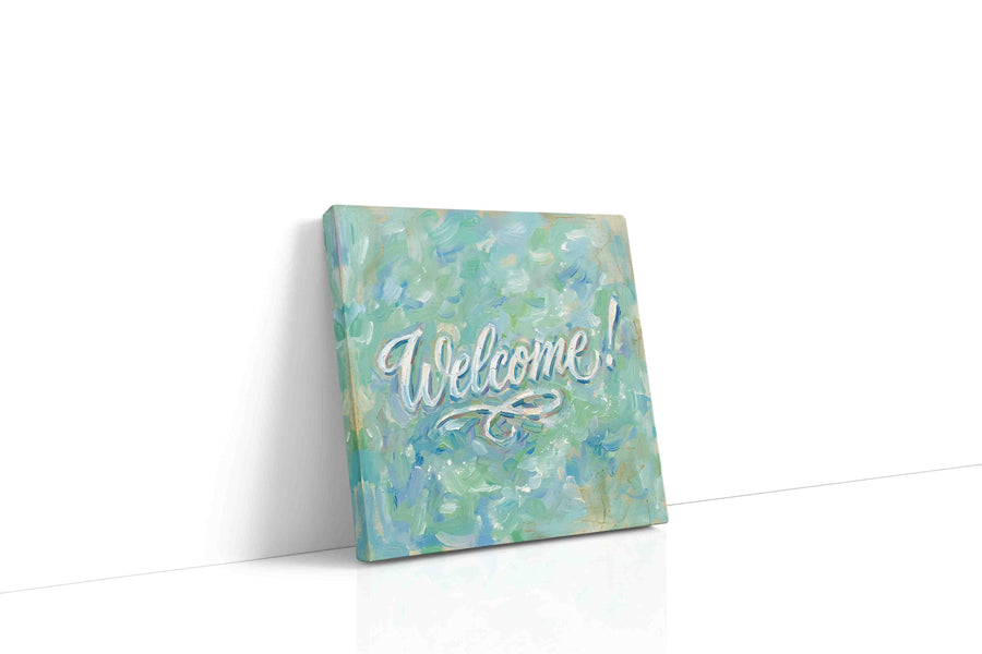 Whimsical Welcome Whirl typography canvas print gallery-wrapped square canvas studio shot