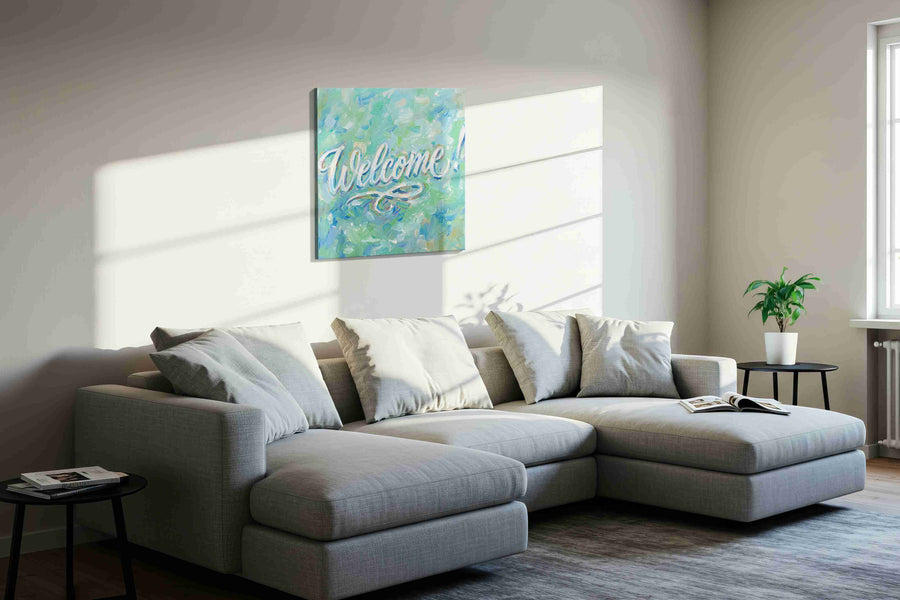 Whimsical Welcome Whirl typography canvas print, displayed in a living room