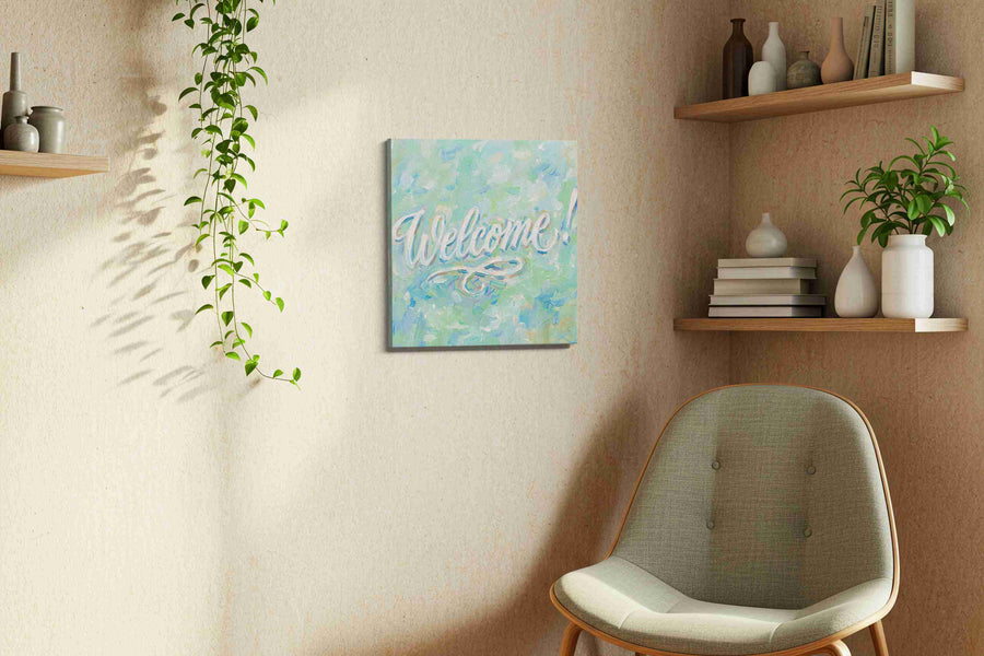 Whimsical Welcome Whirl typography canvas print styled in a living room