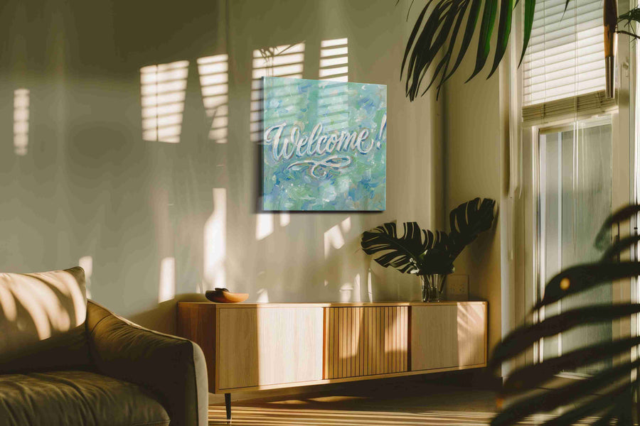 Whimsical Welcome Whirl typography canvas print in a hung canvas mockup