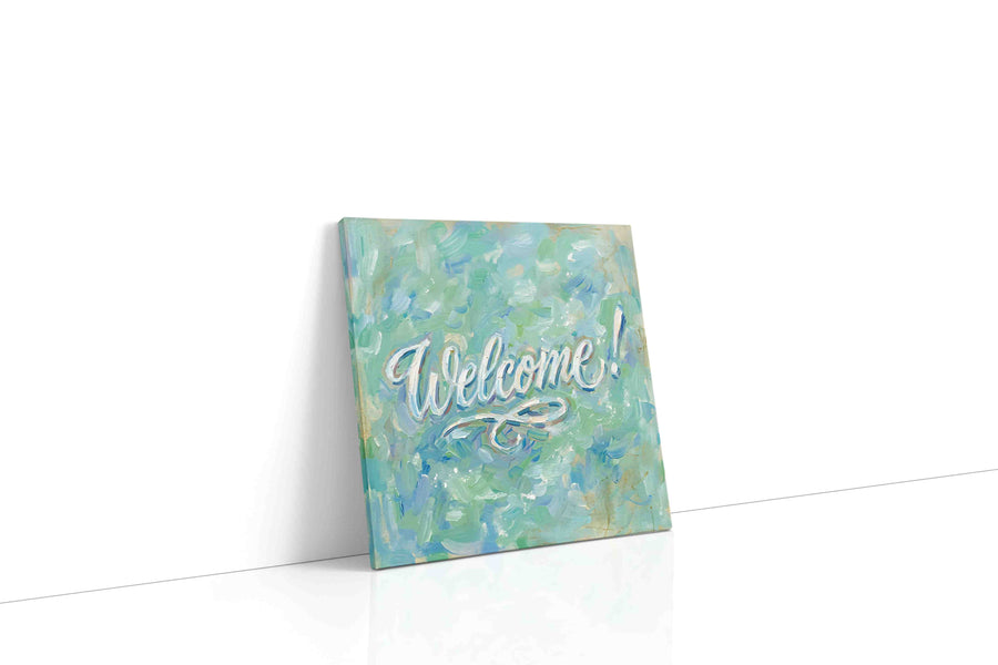 Whimsical Welcome Whirl typography canvas print, gallery-wrapped, ready to hang