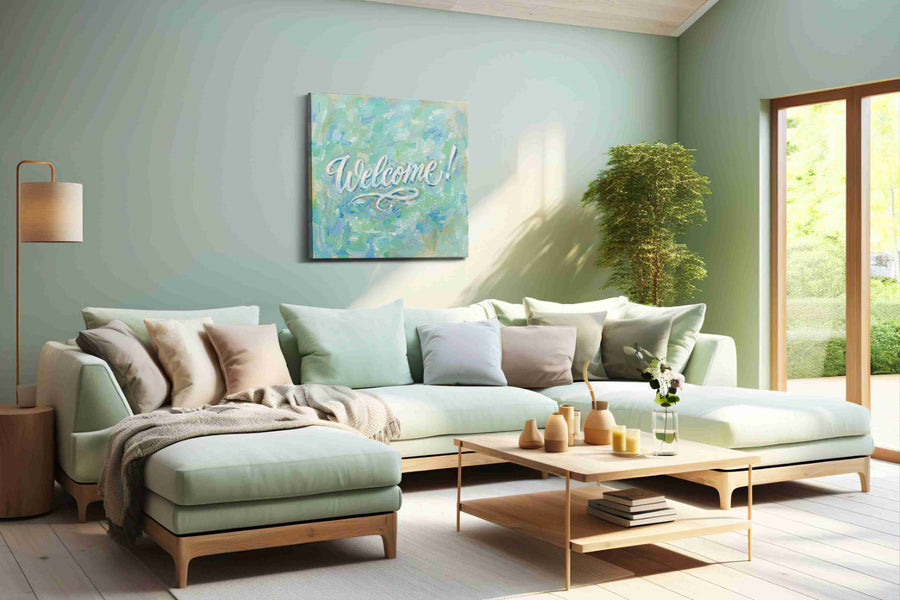 Whimsical Welcome Whirl typography canvas print, hanging on wall