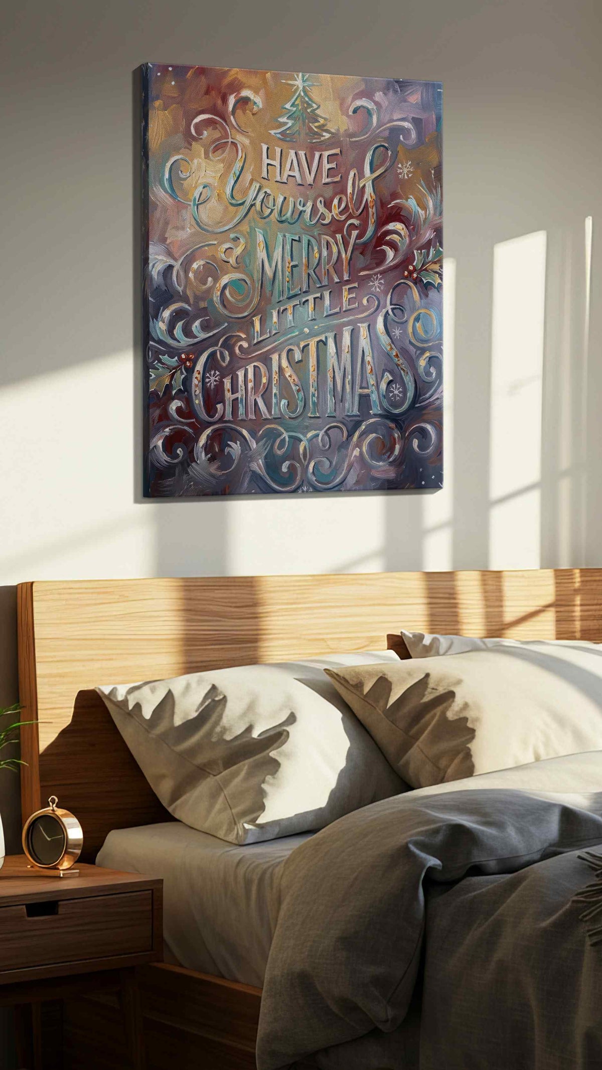 Whimsical Winter Wishes typography canvas print, displayed in a bedroom