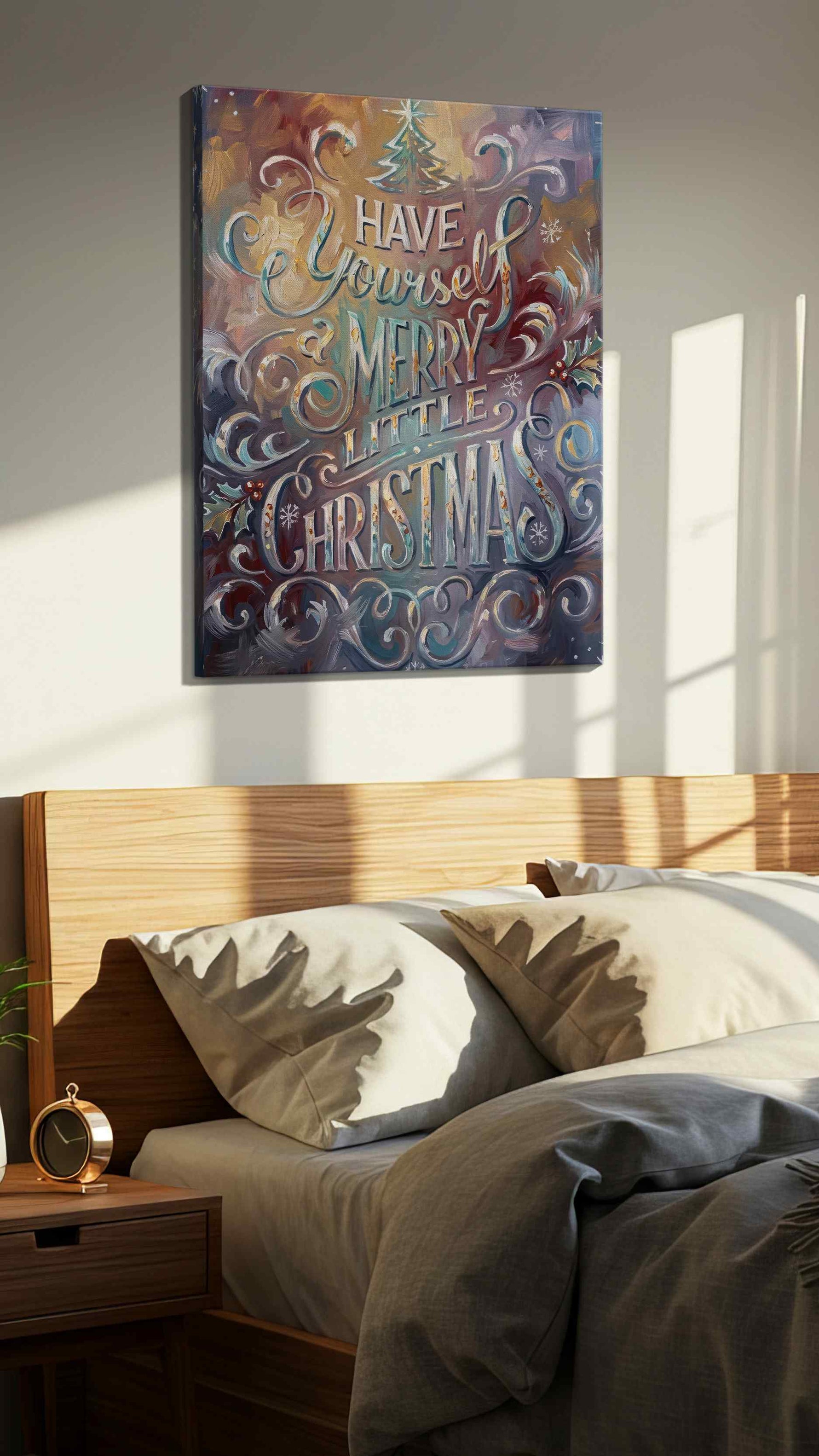 Whimsical Winter Wishes typography canvas print, displayed in a bedroom