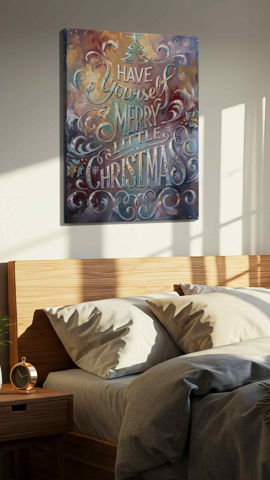 Whimsical Winter Wishes typography canvas print, displayed in a bedroom