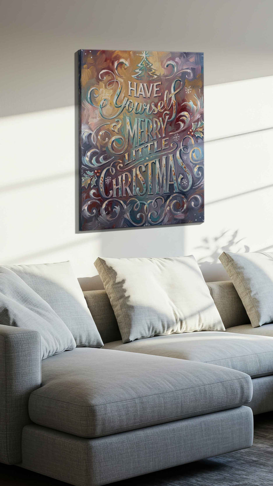 Whimsical Winter Wishes typography canvas print, displayed in a living room