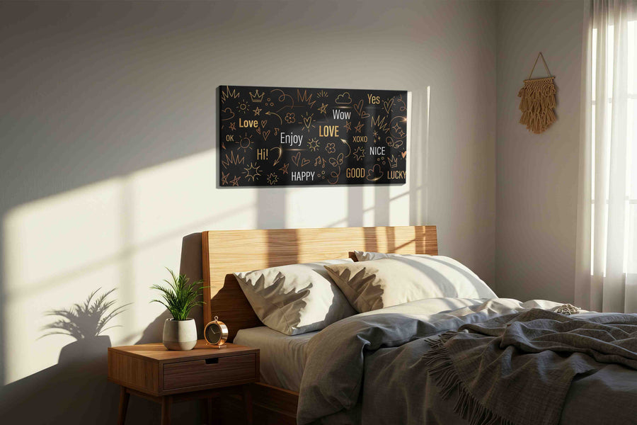 Whimsical Words of Joy motivational canvas print, displayed in a bedroom