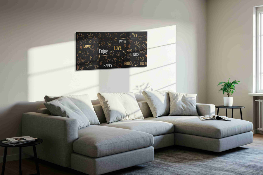 Whimsical Words of Joy motivational canvas print in a living room scene