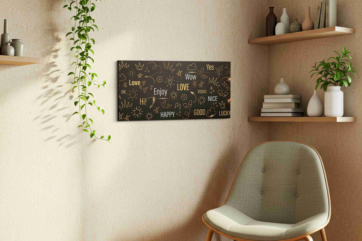Whimsical Words of Joy motivational canvas print, displayed in a living room