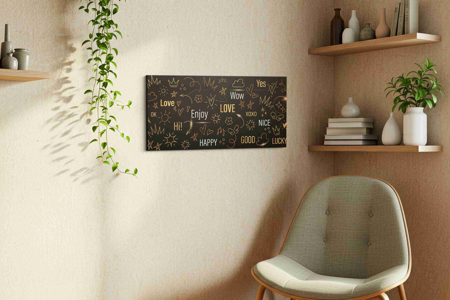 Whimsical Words of Joy motivational canvas print, displayed in a living room