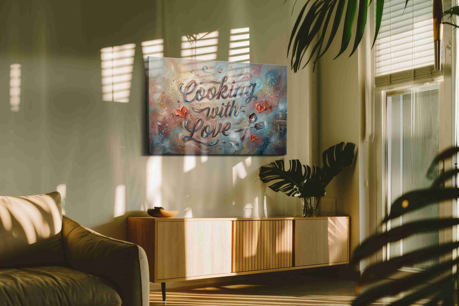 Whisked Affection typography canvas print in a contemporary interior mockup