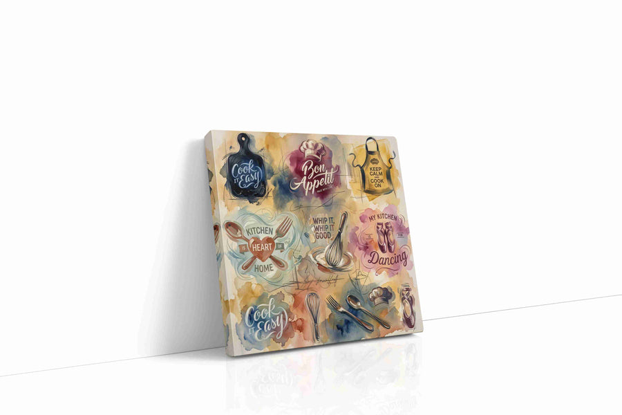 Whisked Away in Culinary Bliss typography canvas print gallery-wrapped square canvas studio shot