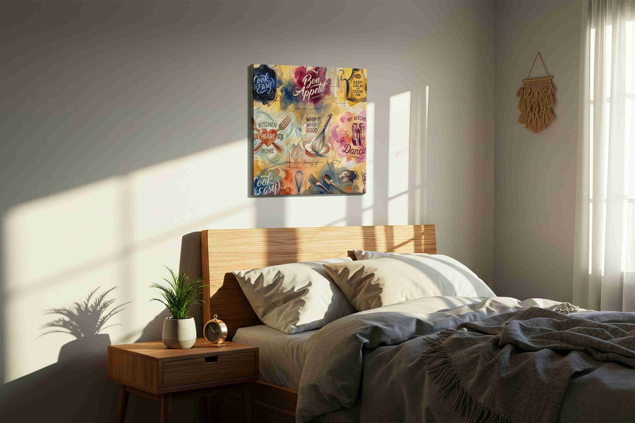 Whisked Away in Culinary Bliss typography canvas print, displayed in a bedroom