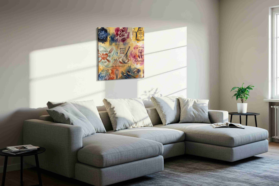Whisked Away in Culinary Bliss typography canvas print, displayed in a living room
