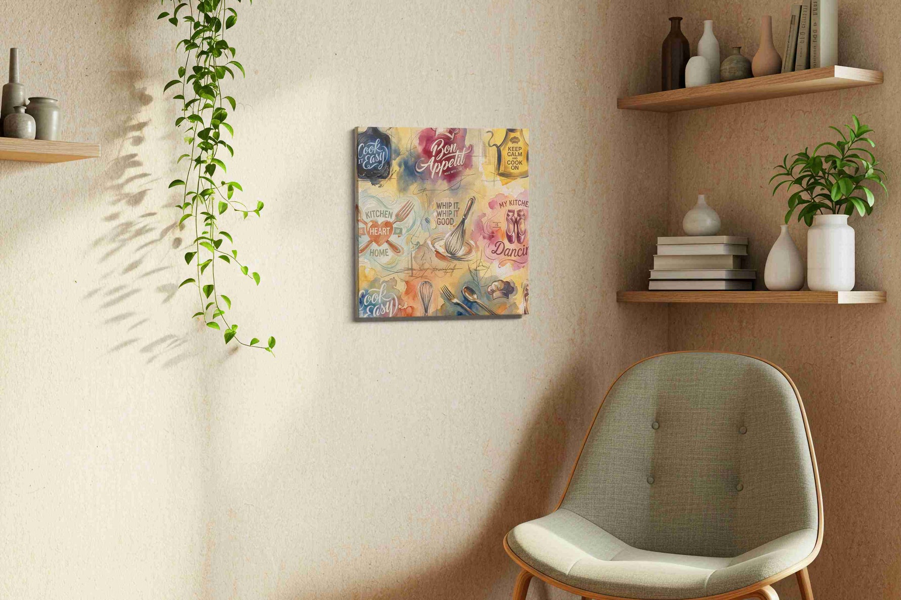 Whisked Away in Culinary Bliss typography canvas print, hanging on wall