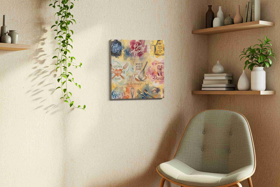 Whisked Away in Culinary Bliss typography canvas print, hanging on wall