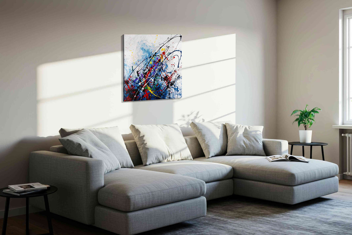 Celestial Whirlwind Symphony abstract canvas print, displayed in a living room