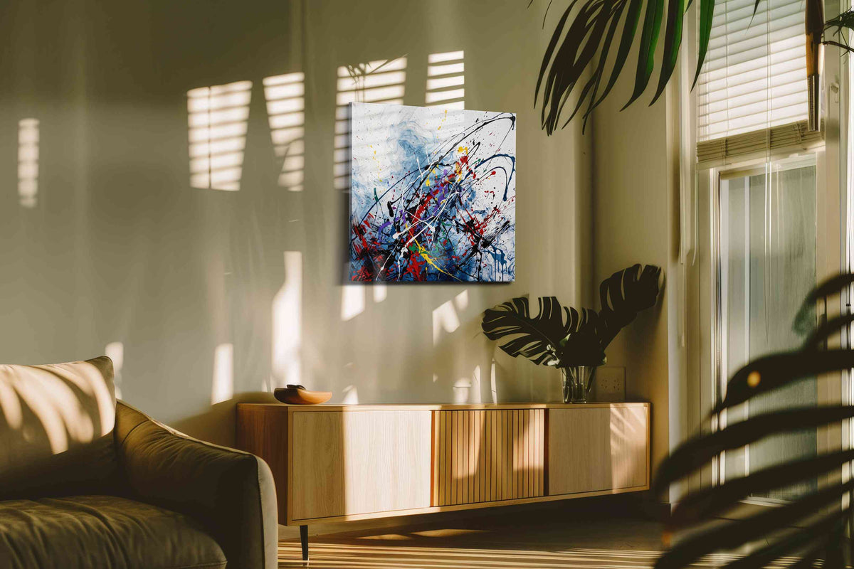 Celestial Whirlwind Symphony abstract canvas print in a hung canvas mockup