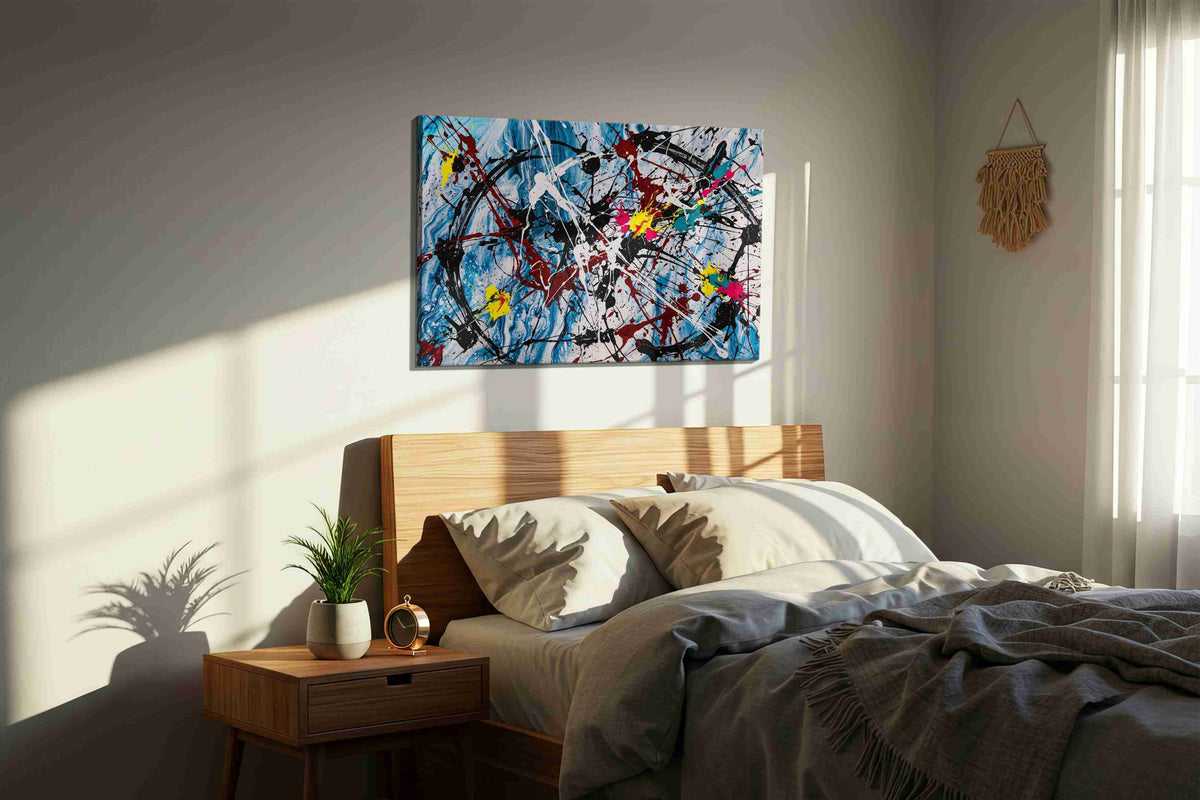 Chaotic Symphony in Blue abstract canvas print, displayed in a bedroom