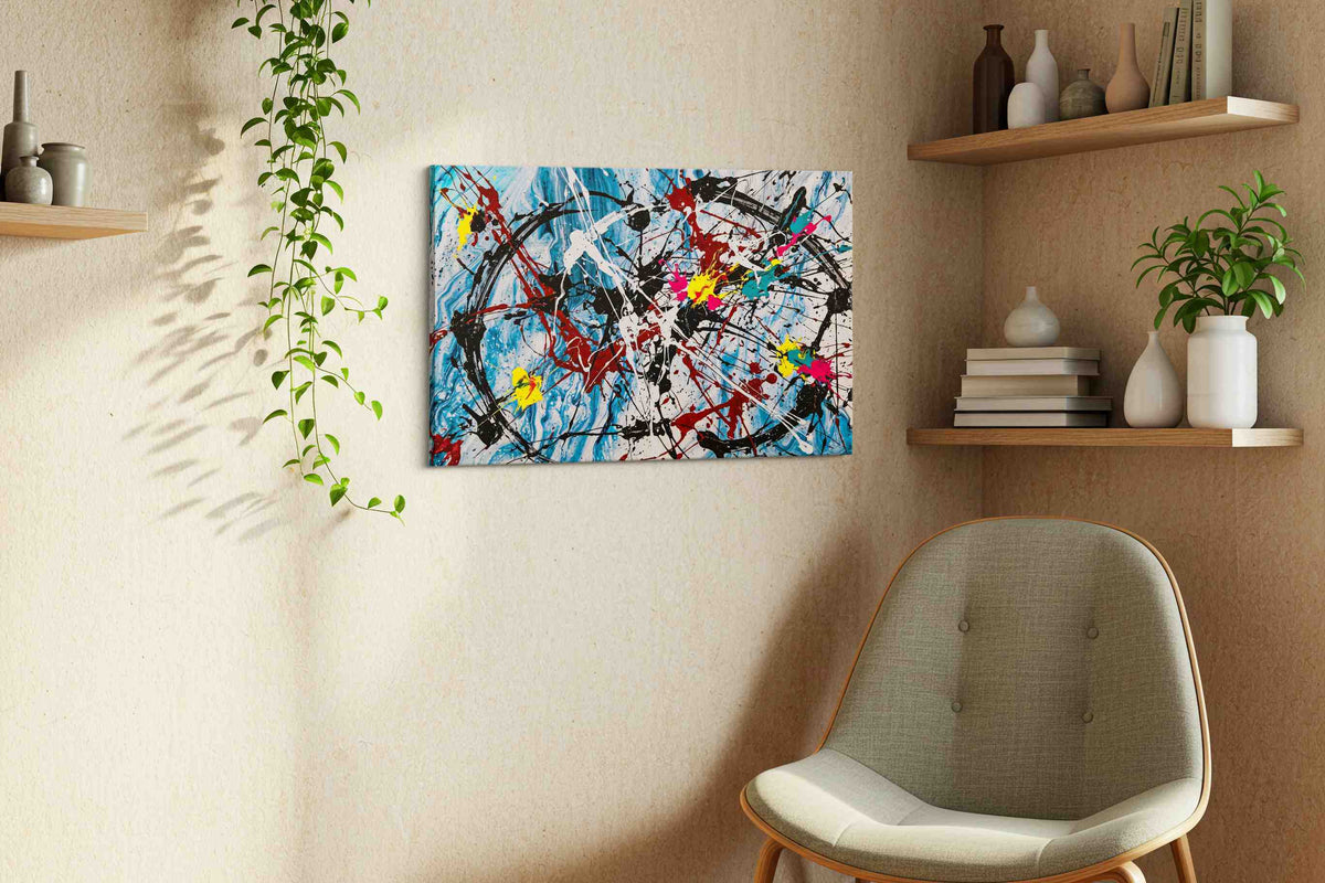 Chaotic Symphony in Blue abstract canvas print styled in a living room
