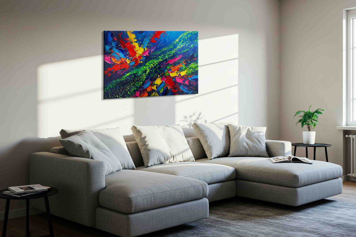 Cosmic Burst of Colors abstract canvas print in a living room scene