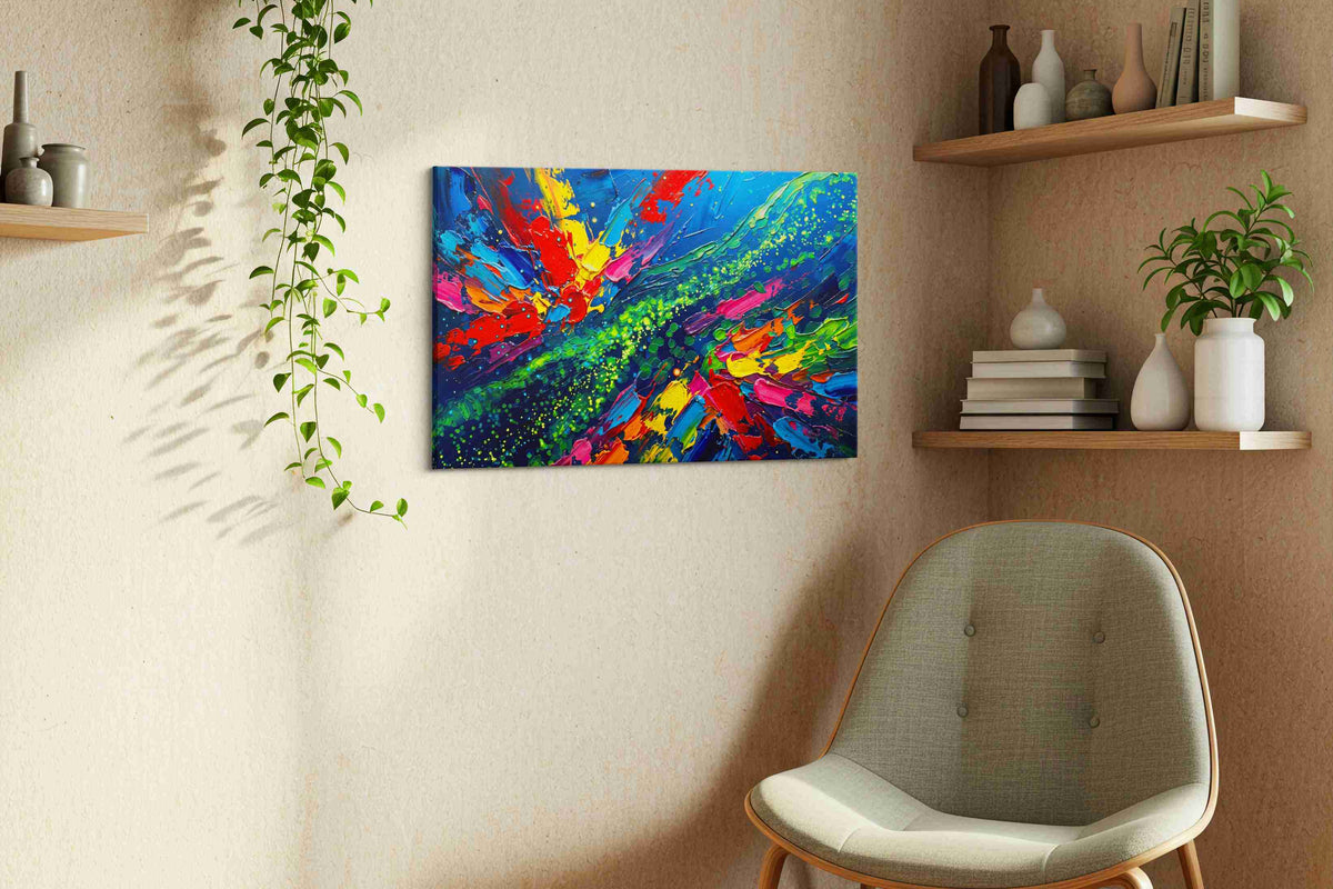 Cosmic Burst of Colors abstract canvas print, displayed in a living room