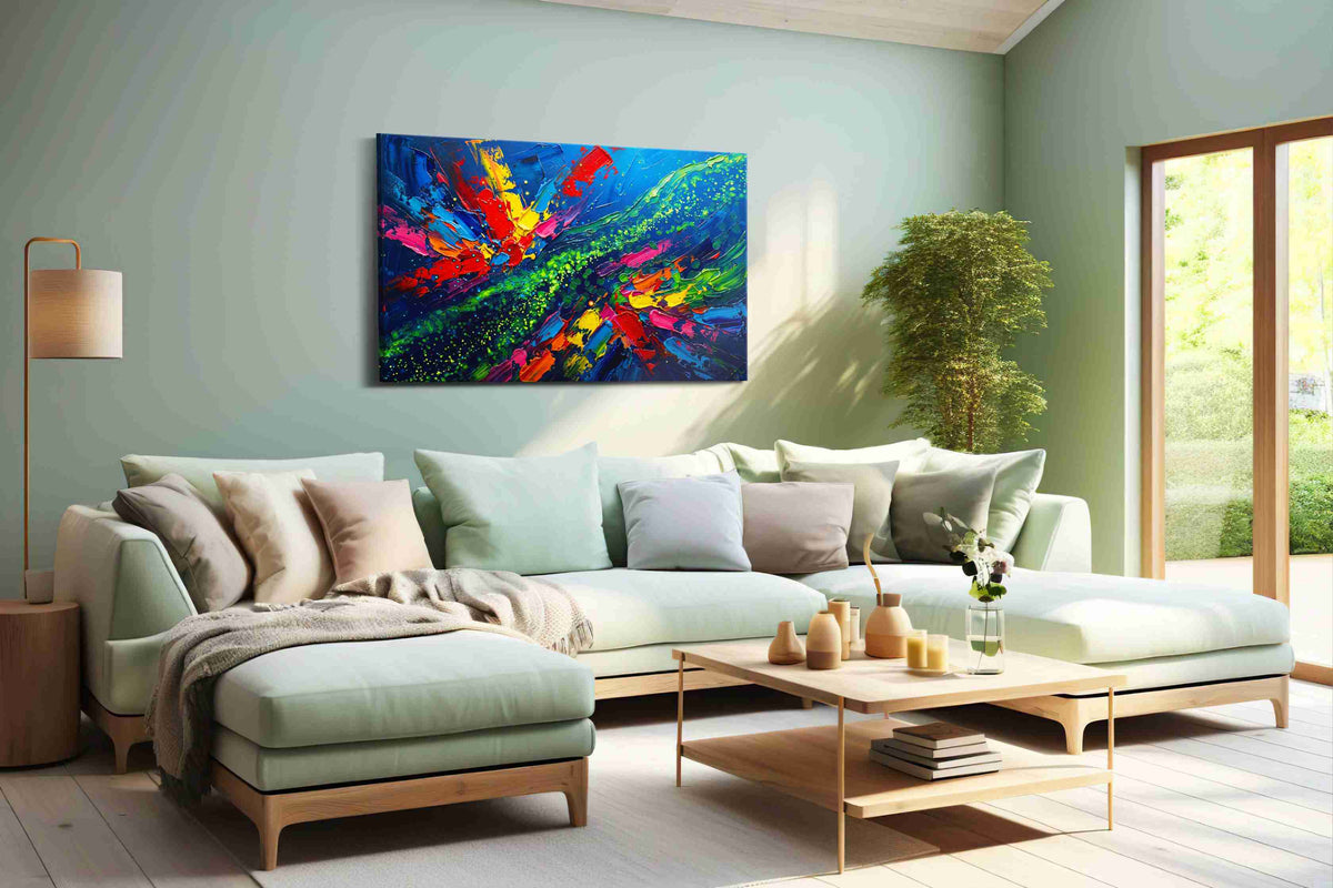 Cosmic Burst of Colors abstract canvas print, hanging on wall
