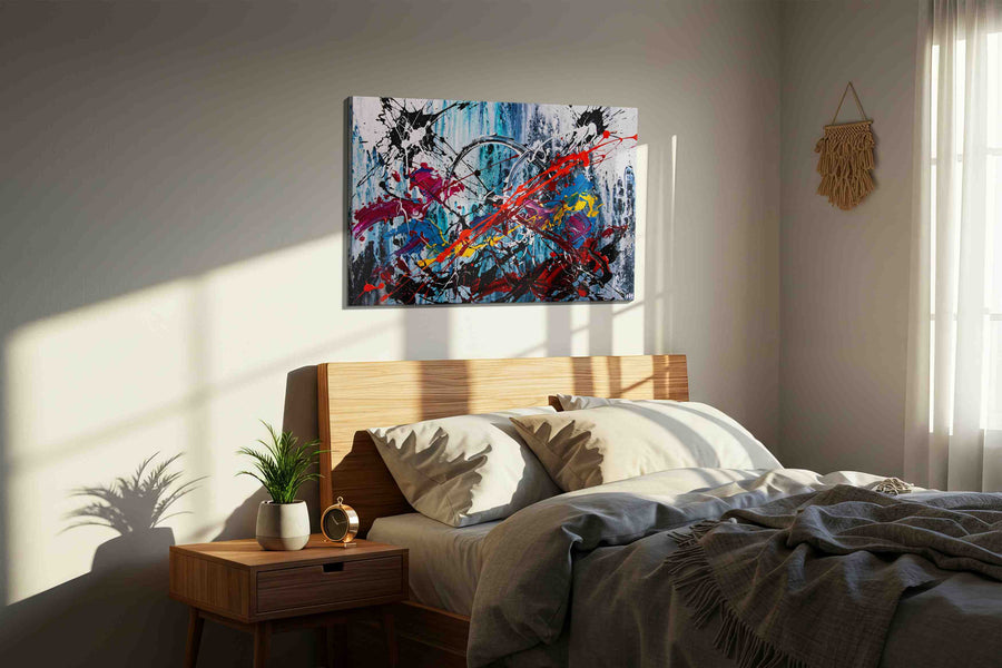 Cosmic Chaos Symphony abstract canvas print, displayed in a bedroom