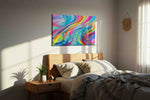Cosmic Color Cascade abstract canvas print, displayed in a bedroom