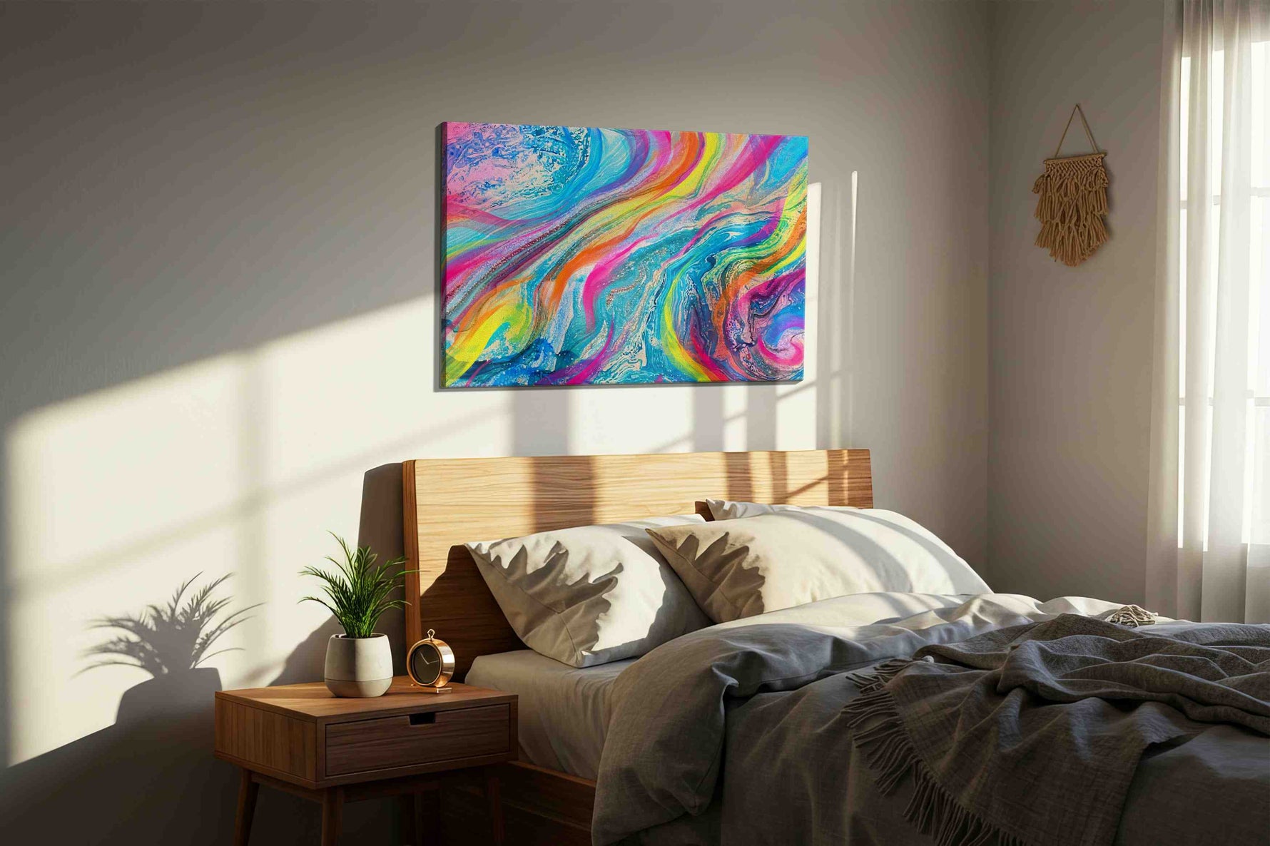 Cosmic Color Cascade abstract canvas print, displayed in a bedroom