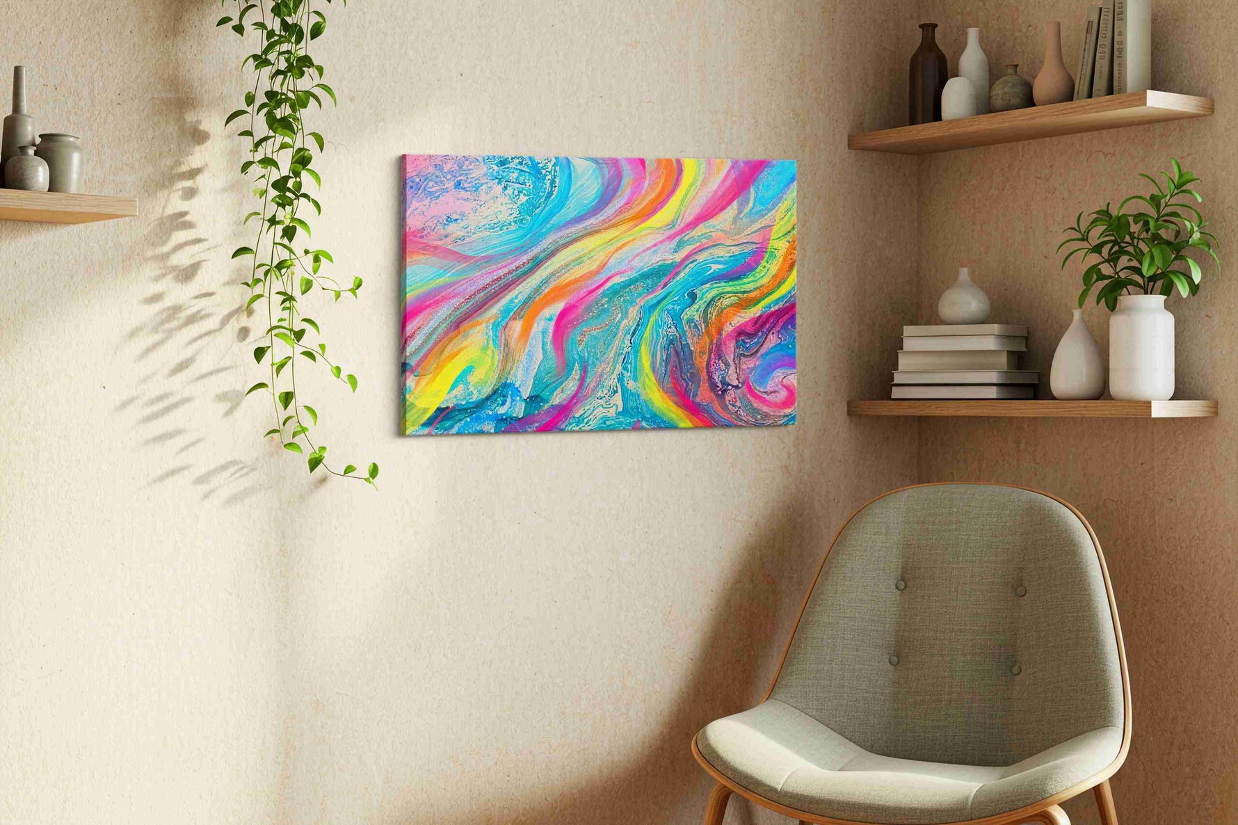 Cosmic Color Cascade abstract canvas print in a living room scene