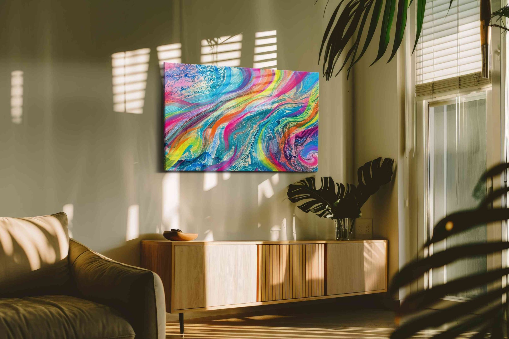 Cosmic Color Cascade abstract canvas print, on wall, lifestyle preview