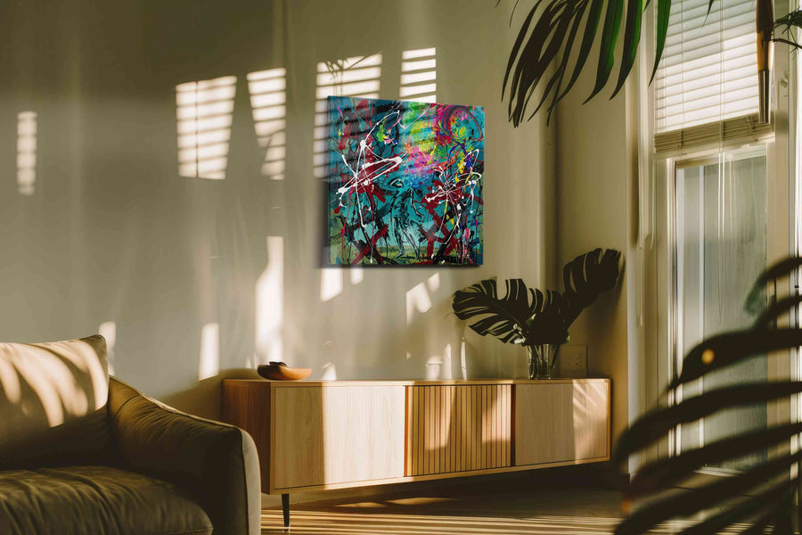 Cosmic Dance of Chaos abstract canvas print in a contemporary interior mockup
