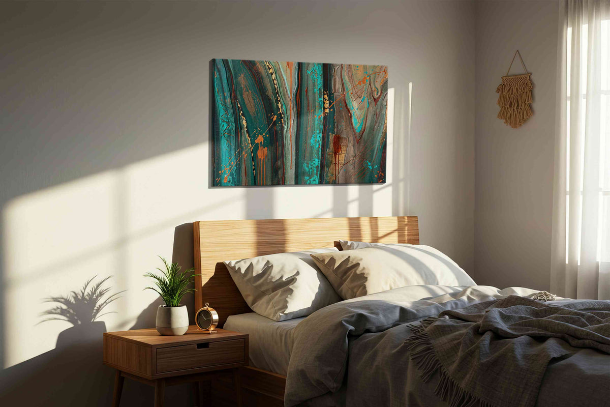 Ebb and Flow of Elemental Rivers abstract canvas print, displayed in a bedroom