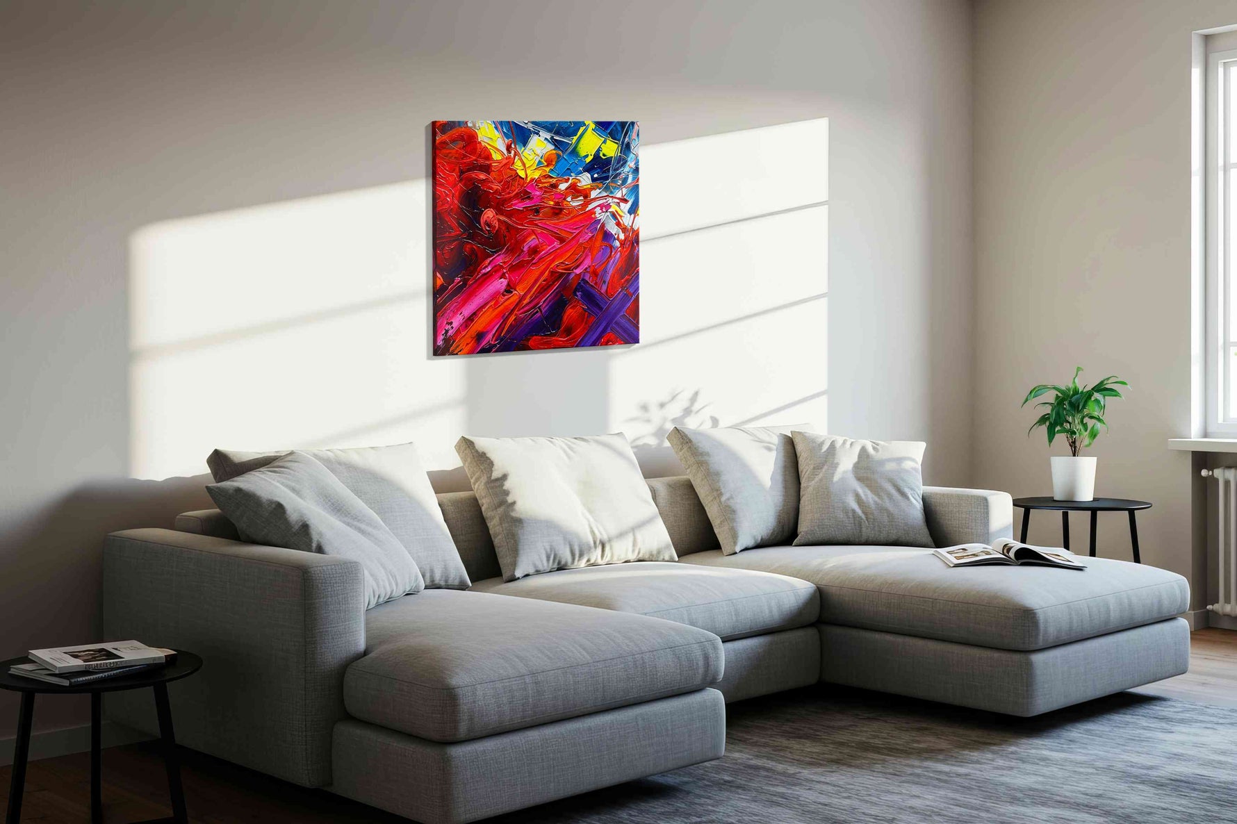 Eruptive Symphony abstract canvas print, displayed in a living room