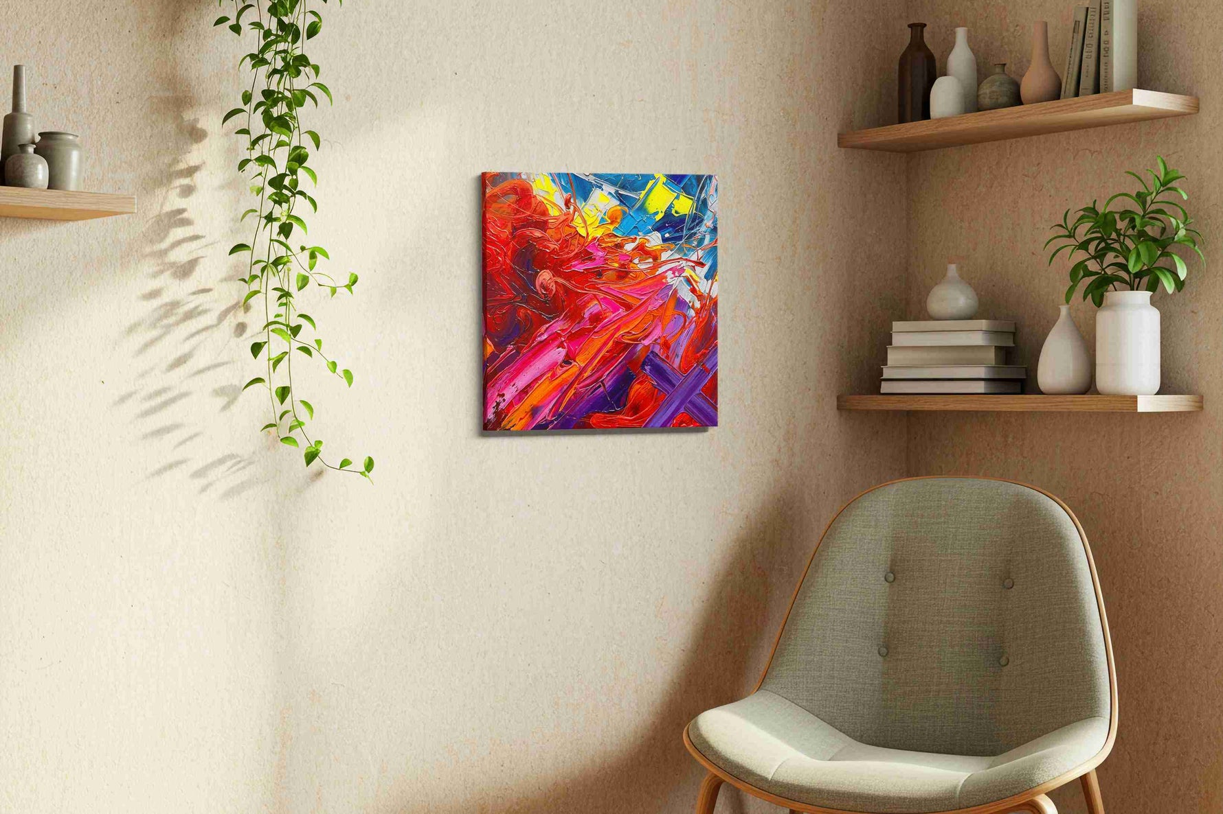 Eruptive Symphony abstract canvas print in a living room scene