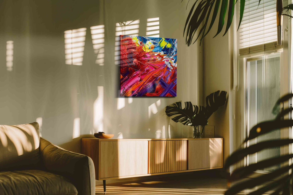 Eruptive Symphony abstract canvas print in a contemporary interior mockup