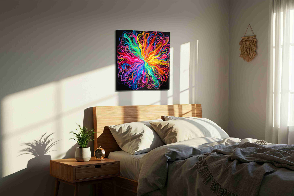 Eternal Vortex of Color abstract canvas print, displayed in a bedroom