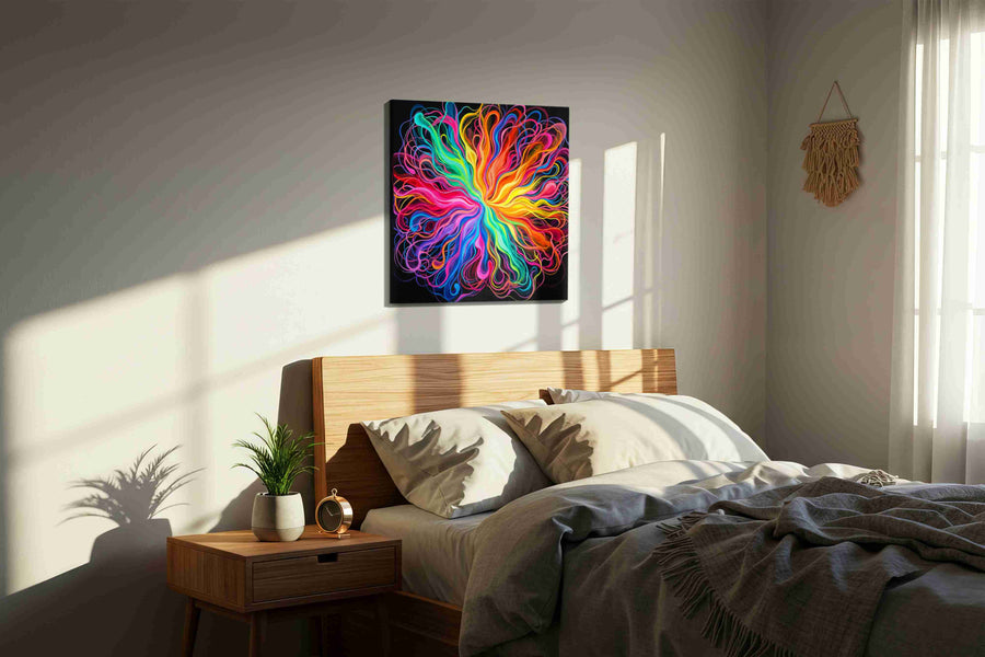 Eternal Vortex of Color abstract canvas print, displayed in a bedroom