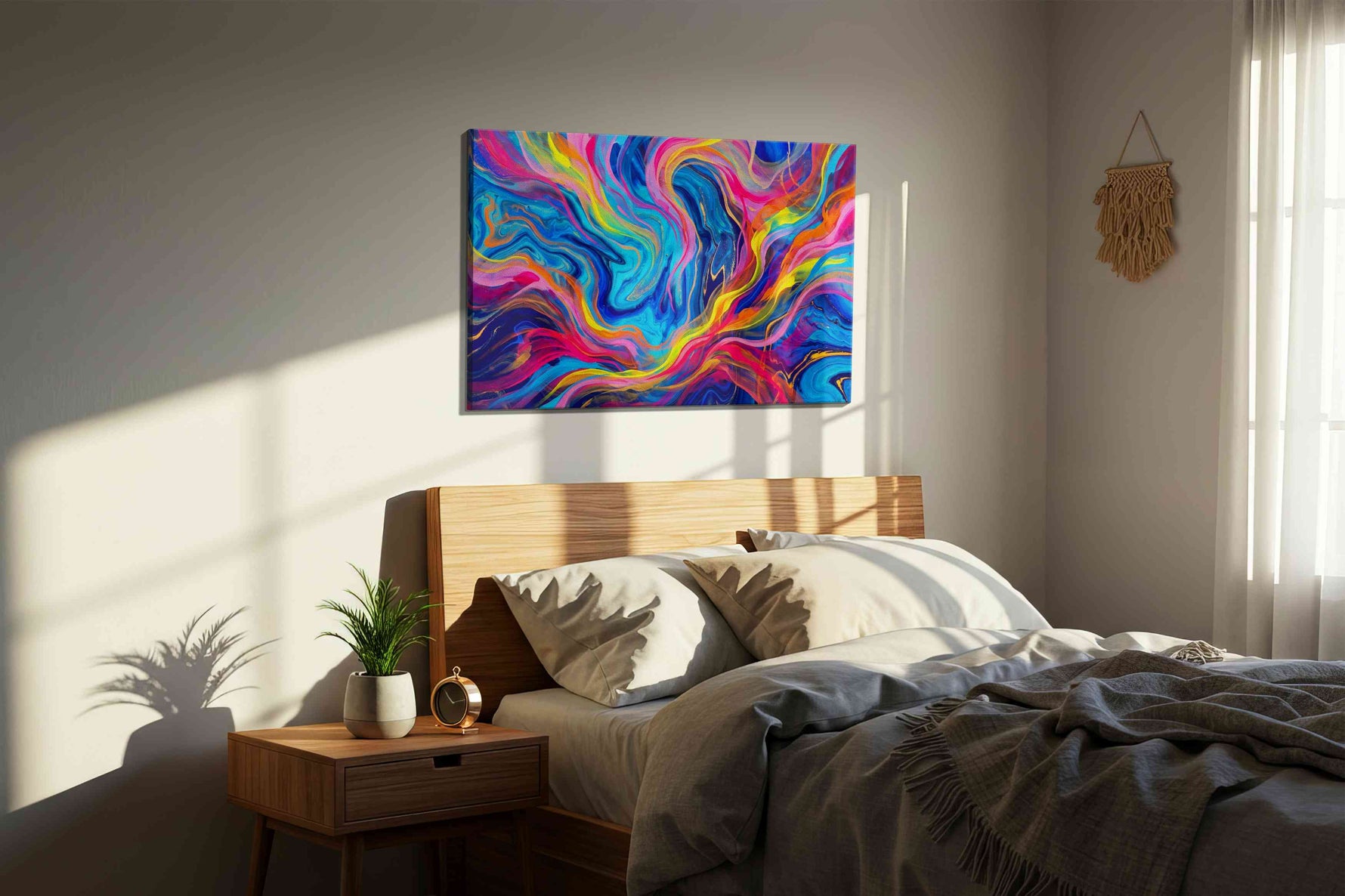 Ethereal Color Symphony abstract canvas print, displayed in a bedroom