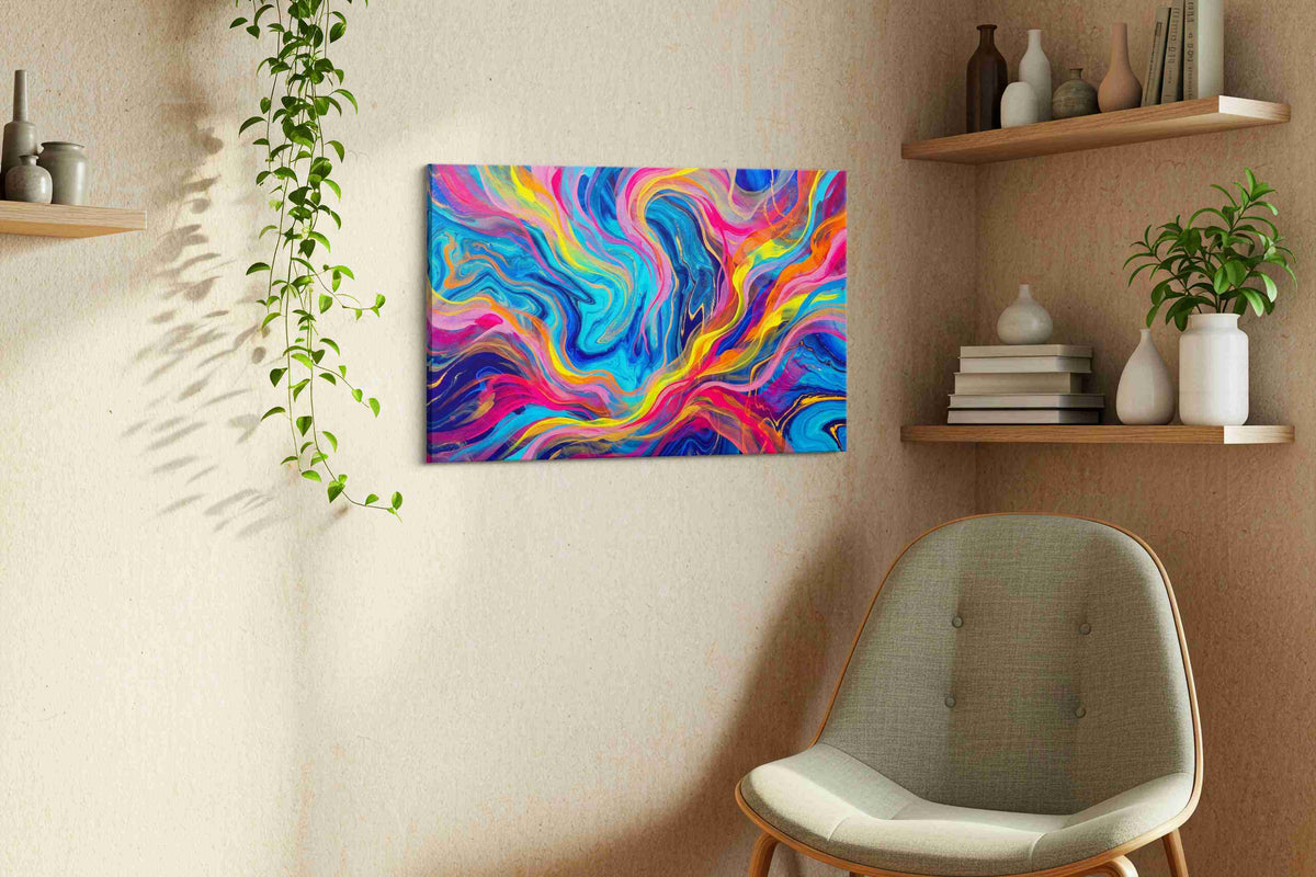 Ethereal Color Symphony abstract canvas print styled in a living room