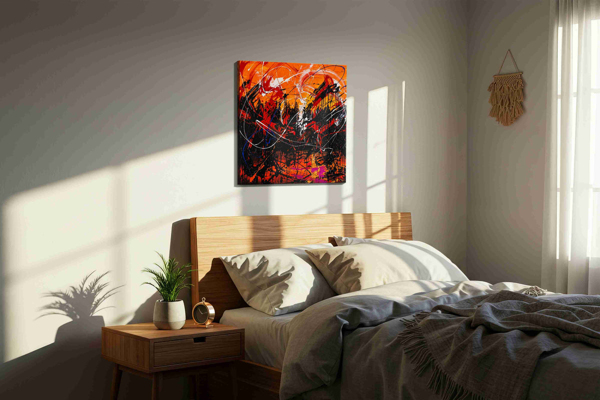 Fiery Whirlwind abstract canvas print, displayed in a bedroom