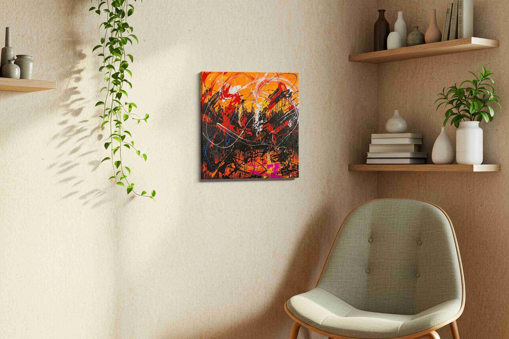 Fiery Whirlwind abstract canvas print in a living room scene