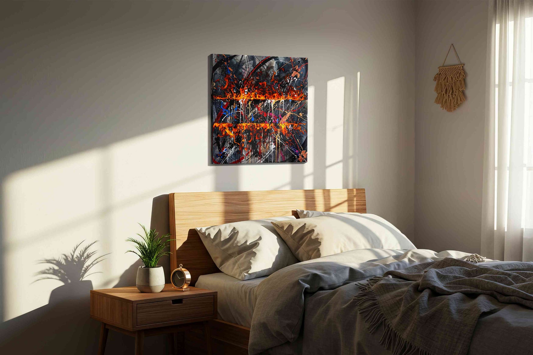 Inferno Elegance abstract canvas print, displayed in a bedroom
