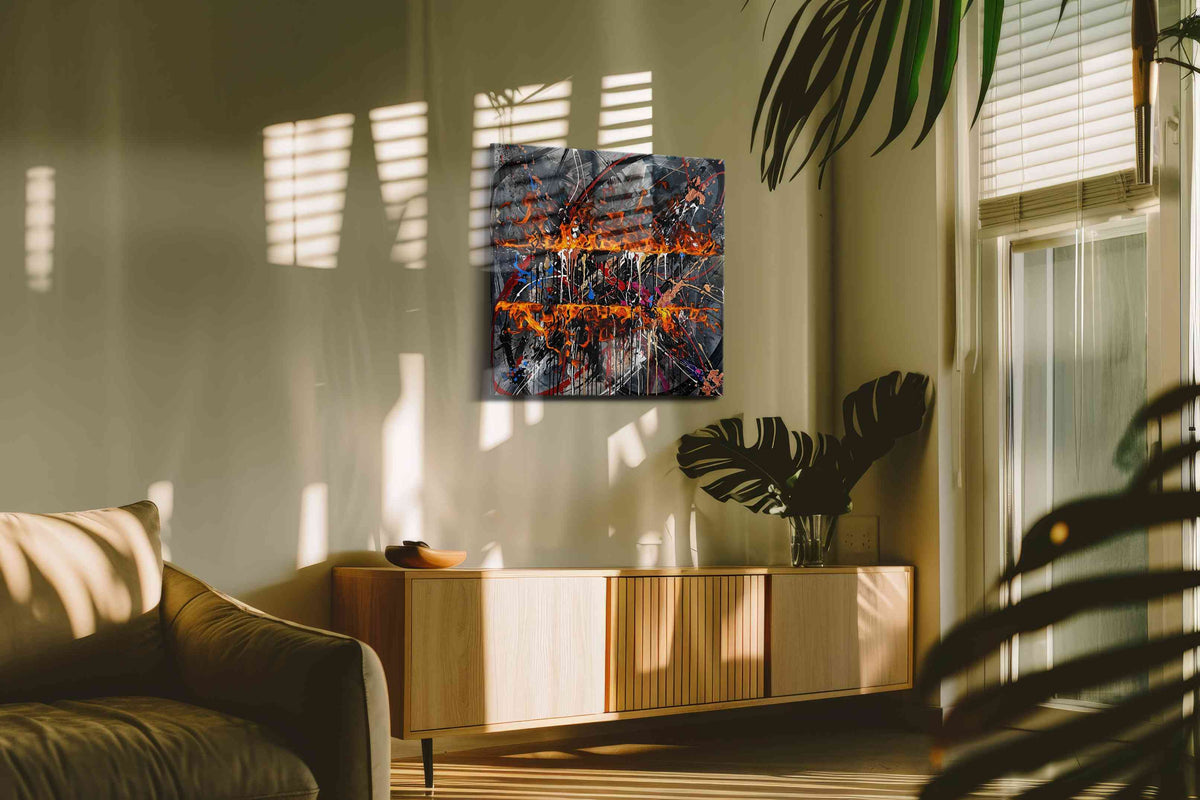 Inferno Elegance abstract canvas print in a contemporary interior mockup