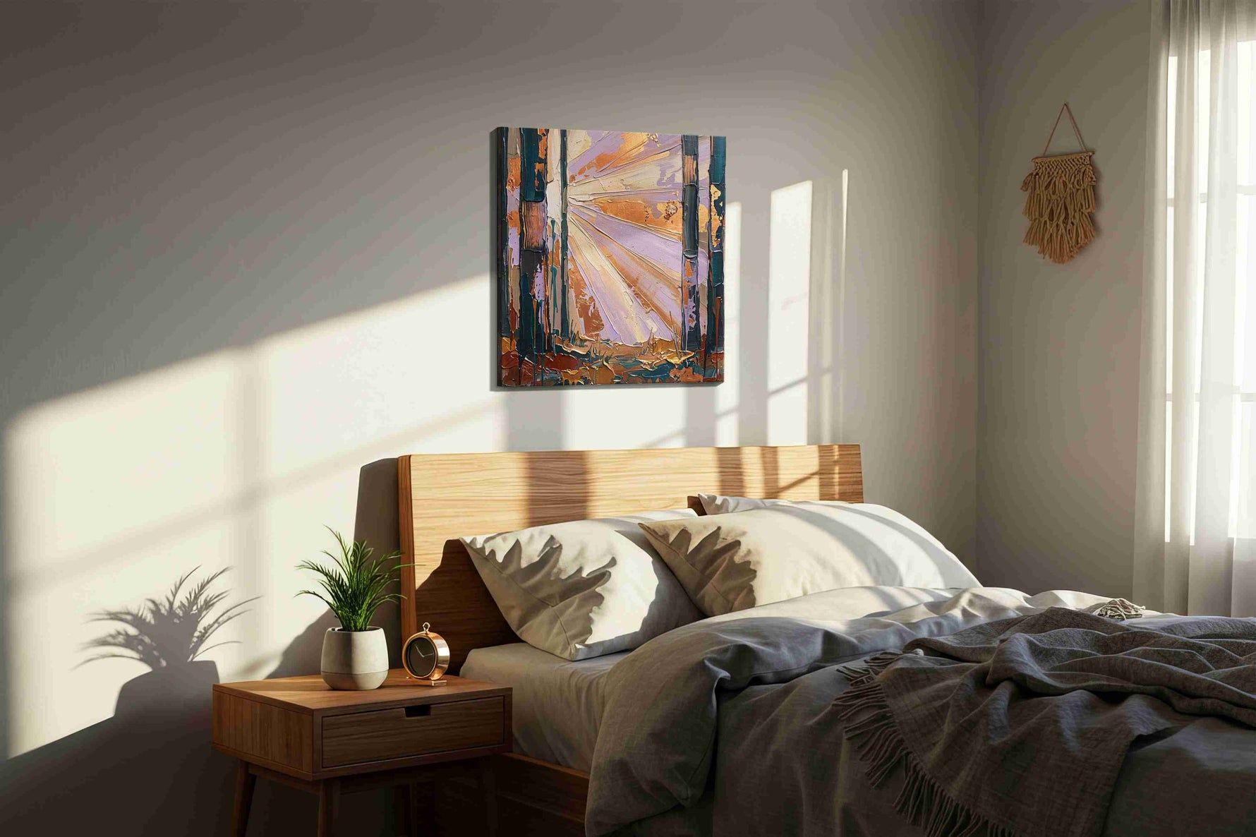 Luminescent Forest Dawn nature canvas print, displayed in a bedroom
